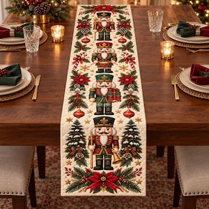 Christmas Nutcracker Quilted Table Runner, Vintage Nutcracker Soldier Table Decor, Poinsettia Christmas Dining Runner, Holiday Table Decor