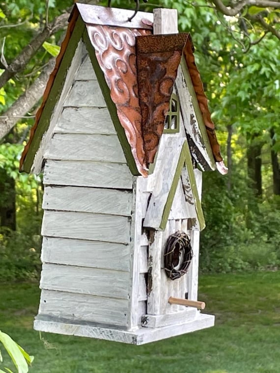 Distressed White Wooden Birdhouse Outdoors Cottage Style Hanging Bird House for Bluebird Wren Sparrow Finch Cardinal 5.5"D x 6.5"W x 12"H