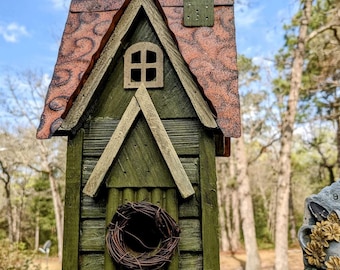 Distressed Green Wooden Birdhouse Outdoors Cottage Style Hanging Bird House for Bluebird Wren Sparrow Finch Cardinal 5.5"D x 6.5"W x 12"H