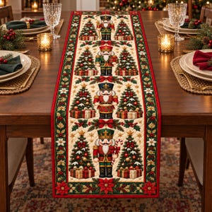 Christmas Nutcracker Quilted Table Runner, Vintage Nutcracker Soldier Christmas Tree Table Decor, Traditional Farmhouse Dining Runner