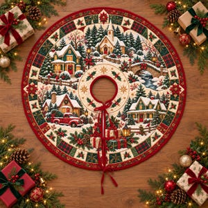 May include: A circular Christmas tree skirt featuring a detailed winter village scene with snow-covered houses, a church, a stone bridge, and a red truck. The border is decorated with red, green, and gold plaid patterns, holly, and red ribbons.