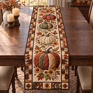 May include: A rectangular quilted table runner featuring a central vertical design of five stacked pumpkins in various autumn colors and patterns, surrounded by sunflowers, fall leaves, and butterflies, with a geometric border in brown and tan.
