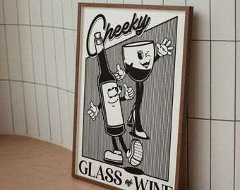 Kitchen print, retro cartoon print, wine print, bar print, retro home decor, gifts for him, gifts for her, wall art, cheeky glass of wine