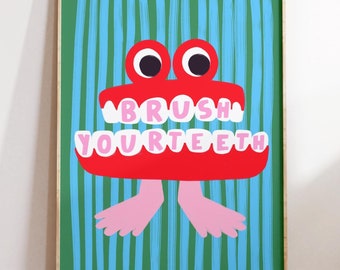 Brush your teeth digital download art, home decor wall art, digital download print, bathroom illustration poster, colourful bathroom print
