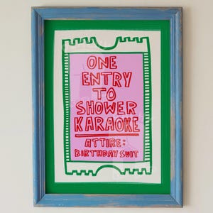 Shower karaoke ticket digital download art, bathroom print, bathroom wall art, green bathroom art, digital download, home decor print poster