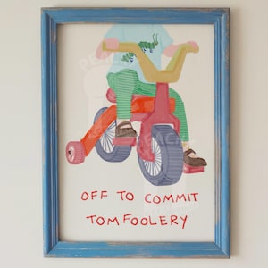 Sztuka trójkołowego roweru Tomfoolery, plakat do pokoju zabaw, ilustracja dla dzieci (pobranie cyfrowe)