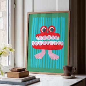 Brush Your Teeth Art Print, Colorful Bathroom Illustration (Digital Download)