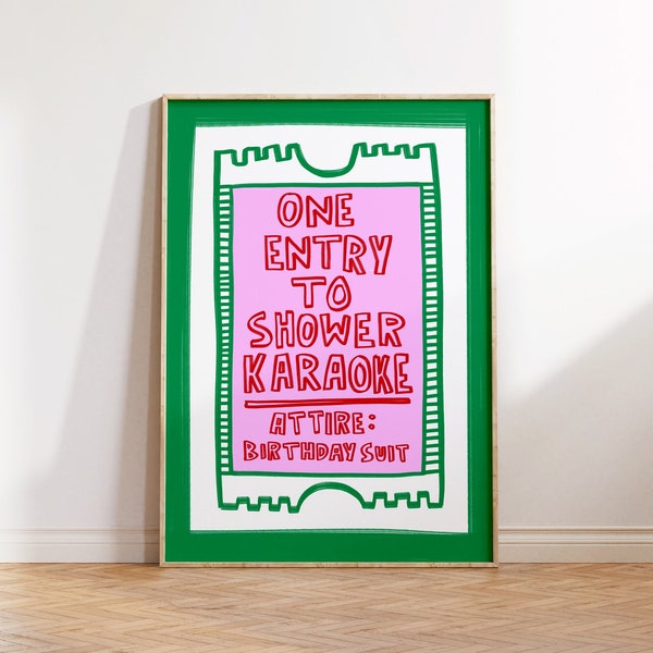 Shower karaoke print, bathroom print poster, bathroom illustration, colourful home decor, bathroom decor, bathroom wall art, A3 A4 A5 print