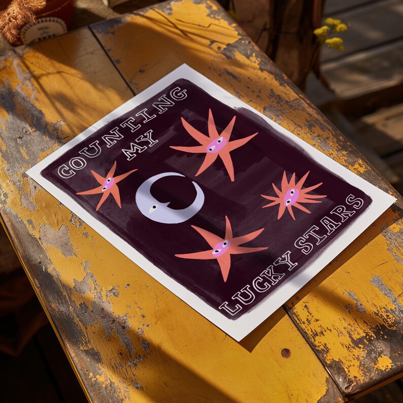 Impresión de Contando Estrellas de la Suerte, Luna y Estrellas, Arte de Pared Familiar (Descarga Digital) imagen 3