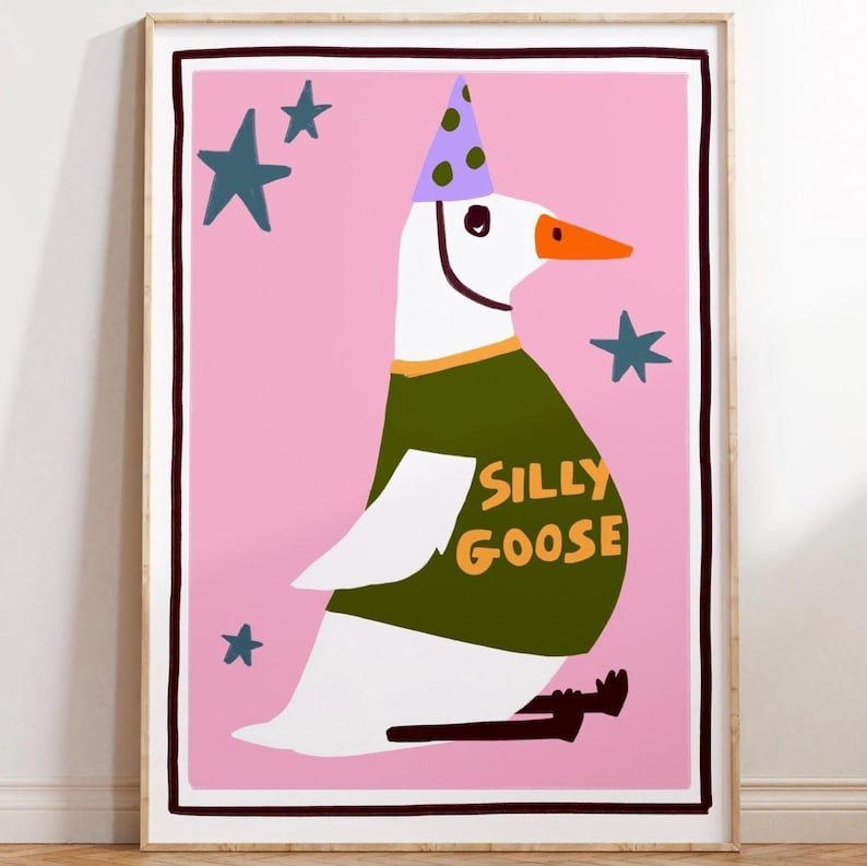 Silly Goose Nursery Print, Quirky Kids Room Wall Art image 1