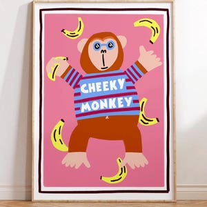 Cheeky monkey print, trendy wall art, quirky wall art decor, colourful nursery children’s room art, children’s animal print wall decor