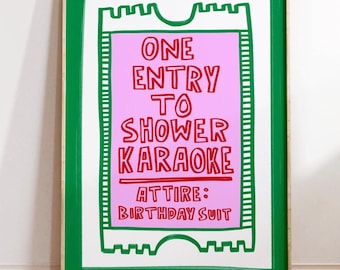 Shower karaoke ticket digital download art, bathroom print, bathroom wall art, green bathroom art, digital download, home decor print poster