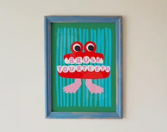 Brush Your Teeth Print, Retro Stripe Children’s Bathroom Art