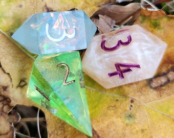 Individual Handmade Resin Alternative D4 Polyhedral TTRPG OOAK Gaming Dice Runes and Crystal Shard