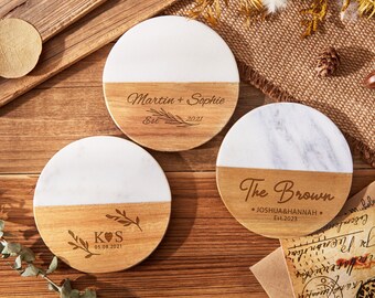 Sous-verres en bois marbré gravés personnalisés, cadeau de pendaison de crémaillère, idées cadeaux Uniqle, sous-verres hexagonaux, cadeau de jeunes mariés, cadeau agent immobilier, cadeau personnalisé