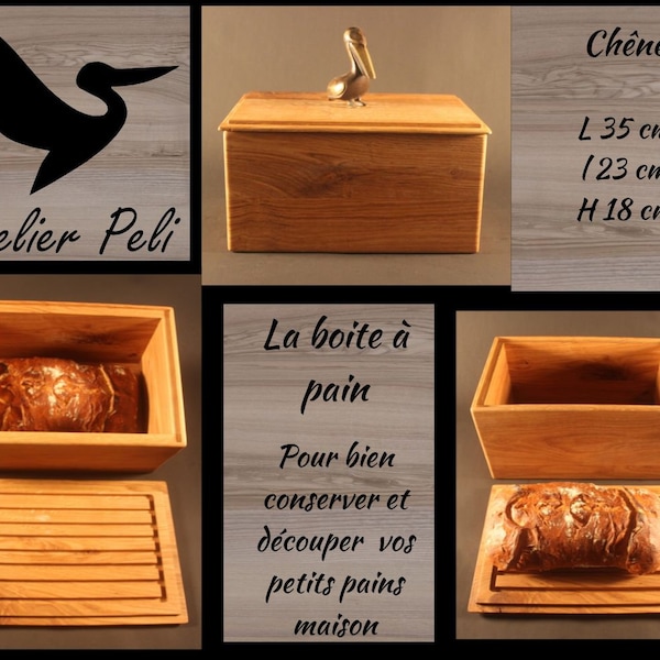 Boite à pain rectangulaire couvercle en chêne planche à pain artisanale et boite à pain en bois découper et conserver le pain Atelier Peli