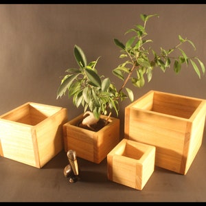 Peut inclure: Quatre jardinières carrées en bois de différentes tailles, fabriquées en bois clair. L'une d'elles contient une petite plante aux feuilles vertes. Une petite figurine décorative d'oiseau de couleur foncée est placée près des jardinières. Les jardinières sont idéales pour l'intérieur ou l'extérieur.