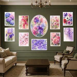 Väggtavelset med akvarellblommor | 10-pack botanisk konst (digital nedladdning) | Paket med kommersiell licens