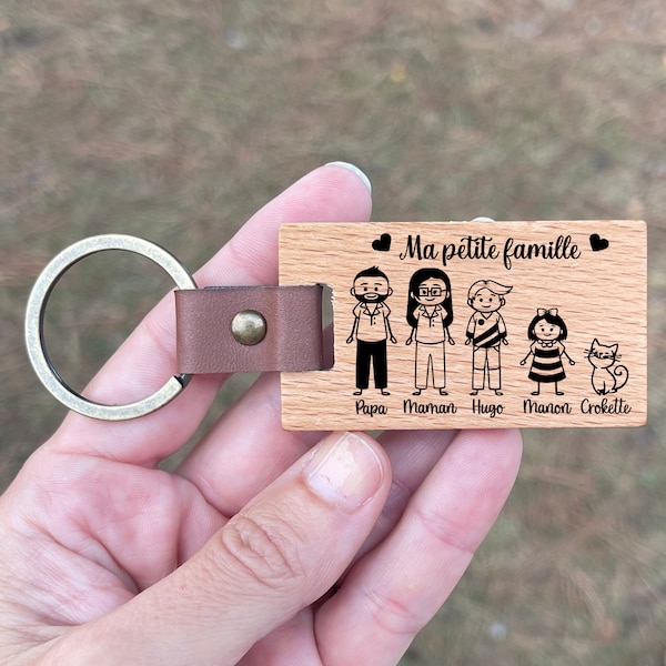 Porte clé gravé famille personnalisé en bois et cuir avec personnages, fête des pères, des mères, cadeau de noël personnalisé