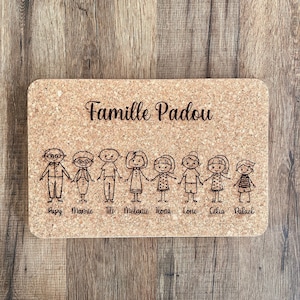 Peut inclure: Un tableau en liège avec le texte "Famille Padou" gravé dessus. Il y a des dessins de personnages en bâton représentant une famille avec les noms "Papy, Mamie, Titi, Melanie, Ilona, Lorie, Celia, Raphael" écrits en dessous.