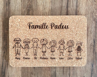Personalized cork trivet with the family, the characters of your choice, ideal Mother's Day gift, grandmothers, grandfathers...