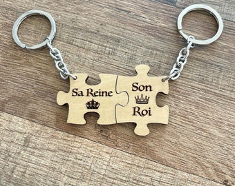 Porte clé puzzle bois gravé reine et roi, Saint Valentin Homme Femme Idée Cadeau Couple