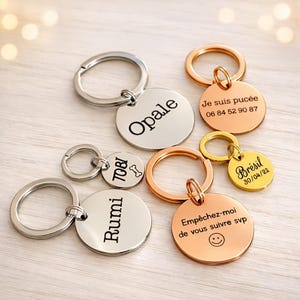 Placa de identificación personalizada de acero inoxidable grabada a doble cara para perros, gatos u otros animales en plata, oro u oro rosa.