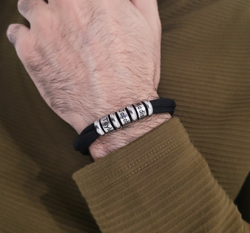 Father's Day Gift, Graduation Gift, Personalized Bracelet with Beads, Groomsmen Gift, Wrist Band with Steel Charm, Anniversary-Birthday Gift Black Wax Cotton