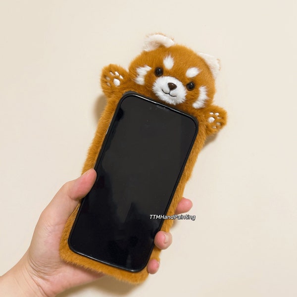 Étui pour iPhone en peluche fait main ours mignon kawaii, pour iPhone 15 14 Plus 13 Pro Max 12, étui de téléphone pour animaux de compagnie, amoureux des animaux de compagnie, peluche duveteuse, cadeaux personnalisés