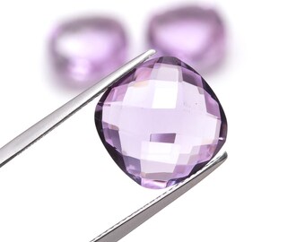 Natural Rose de France Amethyst, 14mm Cushion Checkerboard Cut Gem