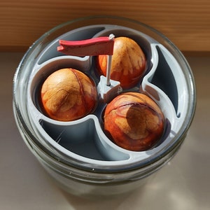 Może przedstawiać: Trzy pestki awokado w przezroczystym szklanym słoiku z szarym plastikowym wkładem. Pestki są zanurzone w wodzie i mają małą czerwoną flagę na wykałaczce włożonej w górną część jednej pestki.