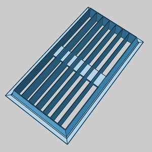 May include: A blue metal vent cover with a rectangular shape and a series of horizontal slats.