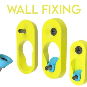 May include: Yellow wall fixing hardware with blue and black accents. The image shows several pieces, including a detached blue cone-shaped piece with a screw, and yellow brackets with screws. The text "WALL FIXING" is at the top.