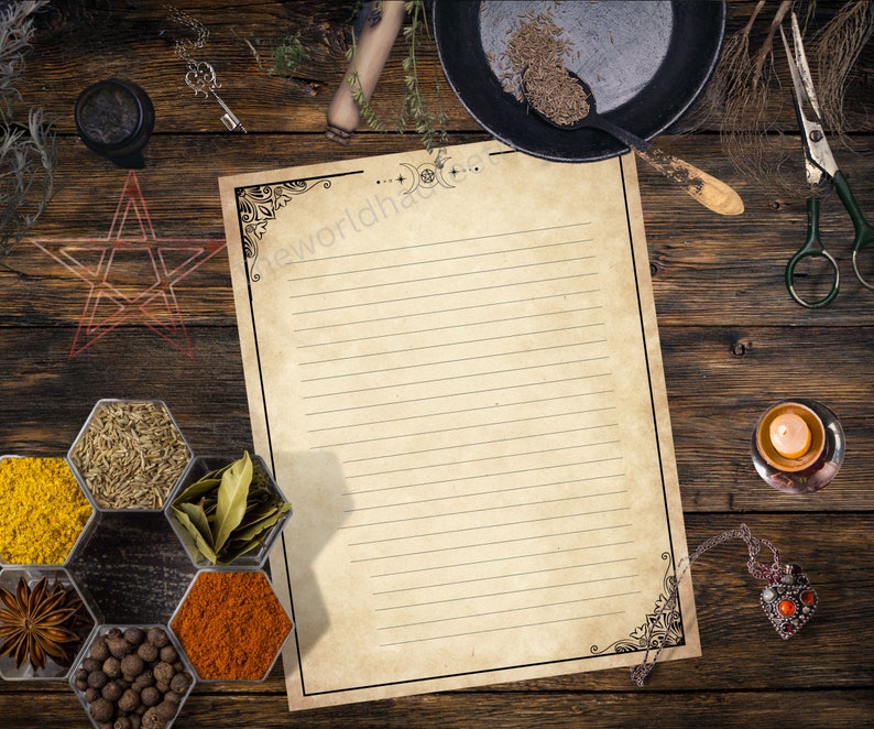 May include: A blank lined paper with a decorative border, featuring a pentacle and moon phases. The paper is surrounded by various herbs, spices, and other witchy items on a wooden surface.