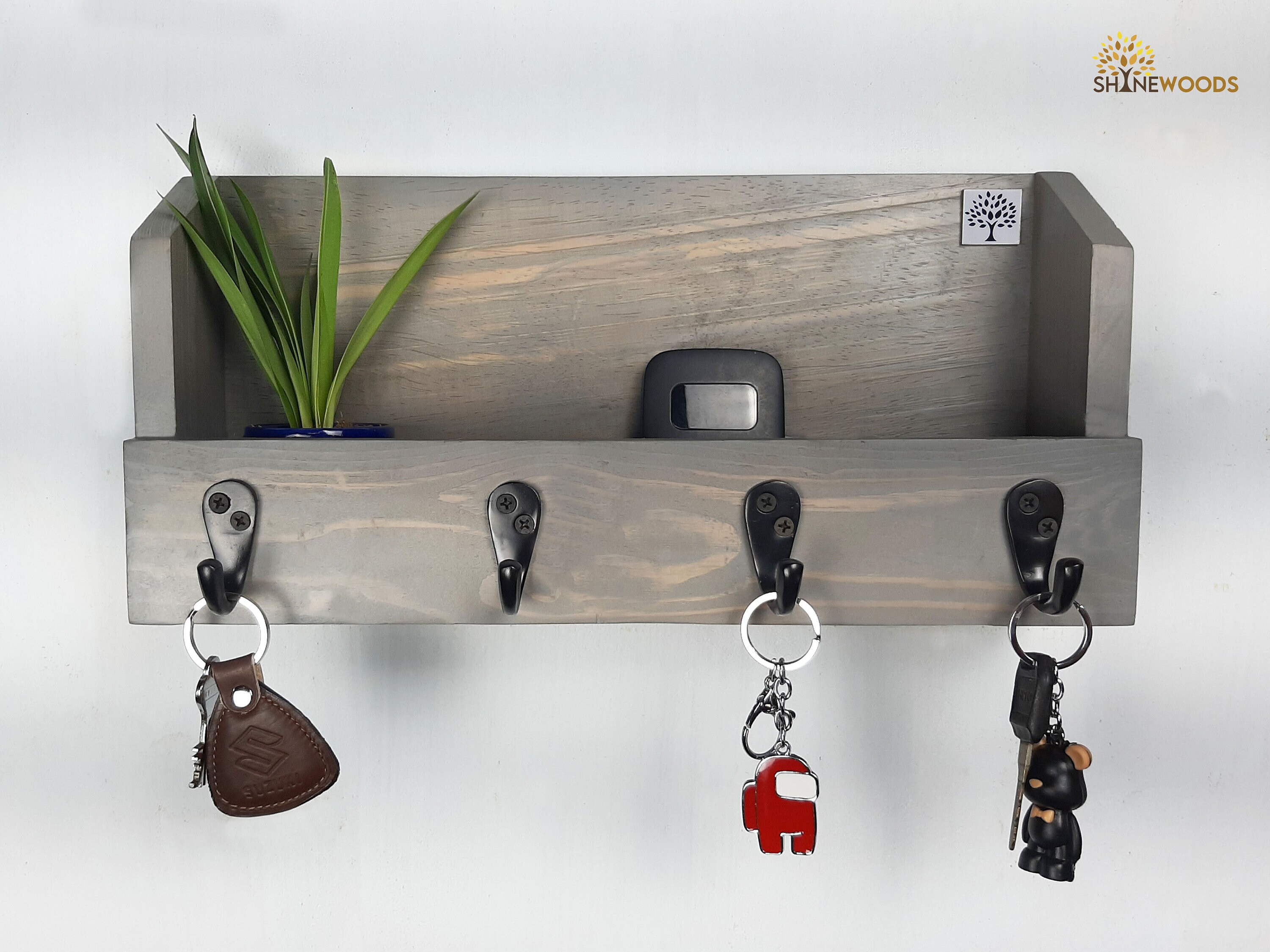 Black FUSIONWELL Modern Double Dot Hooks Metal Shelf with two Nature Wood Small Ash Wood Botton Hooks Coat Rack Hangers 