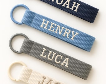 Personalized Embroidered Name Keychain, Custom Bag Tag with Colourful Ring, Bag Accessories, Unique Name Tag Keyring, Cream & Coffee Brown