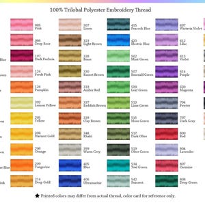 May include: Color chart of 100% Trilobal Polyester Embroidery Thread. The chart displays a wide range of colors, including pinks, blues, greens, yellows, and purples. Each color is labeled with a number and a name.