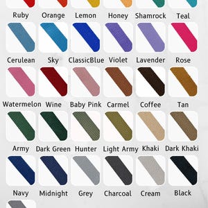 May include: A color chart of cotton webbing samples in various colors, including Ruby, Orange, Lemon, Honey, Shamrock, and Teal. The chart also displays Cerulean, Sky, ClassicBlue, Violet, Lavender, and Rose. The text "I'M GIFT" and "Cotton Webbing Color Chart" are visible.