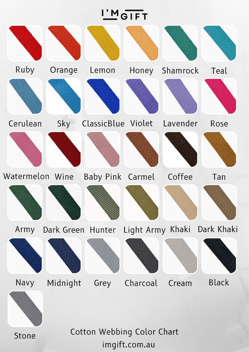 May include: A color chart of cotton webbing samples in various colors, including Ruby, Orange, Lemon, Honey, Shamrock, and Teal. The chart also displays Cerulean, Sky, ClassicBlue, Violet, Lavender, and Rose. The text "I'M GIFT" and "Cotton Webbing Color Chart" are visible.