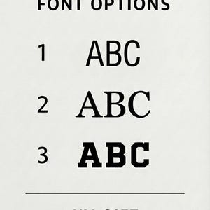 May include: A graphic displaying font options labeled 1, 2, and 3, each showing the letters ABC in different styles. The text "FONT OPTIONS" is above the font examples. The I'M GIFT logo and website address are at the bottom.