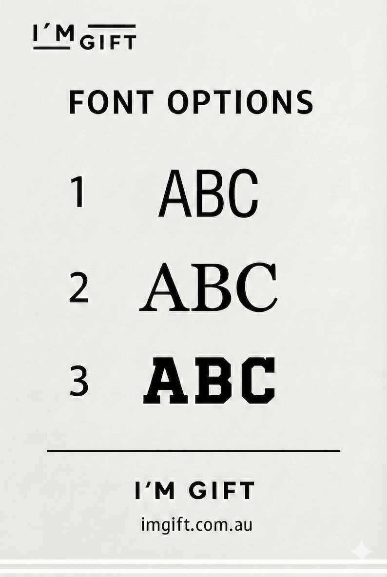 May include: A graphic displaying font options labeled 1, 2, and 3, each showing the letters ABC in different styles. The text "FONT OPTIONS" is above the font examples. The I'M GIFT logo and website address are at the bottom.