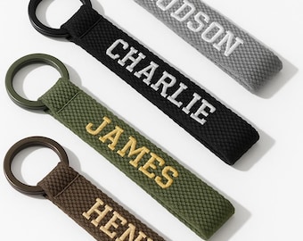 Personalized Embroidered Name Keychain, Custom Bag Tag with Colourful Ring, Bag Accessories, Unique Name Tag Keyring, Army,Grey,Black,White