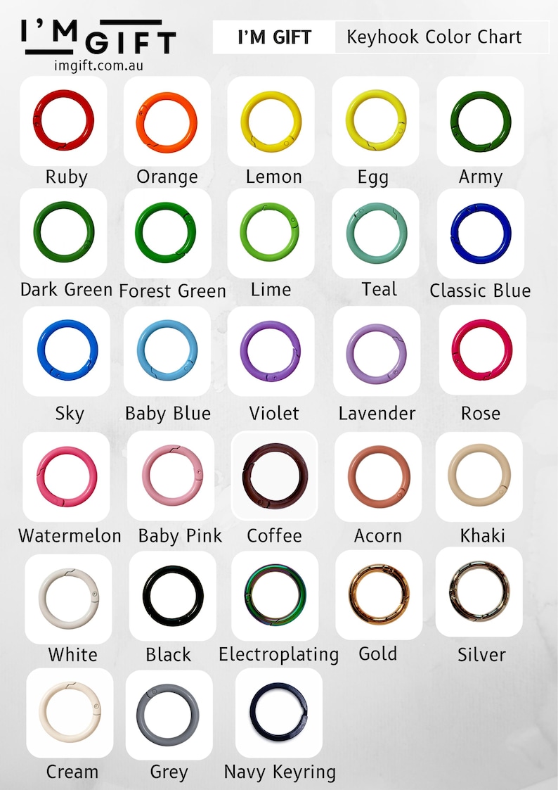 May include: A color chart for keyhooks, featuring a variety of colors including Ruby, Orange, Lemon, Egg, Army, Dark Green, Forest Green, Lime, Teal, Classic Blue, Sky, Baby Blue, Violet, Lavender, Rose, Watermelon, Baby Pink, Coffee, Acorn, Khaki, White, Black, Electroplating, Gold, Silver, Cream, Grey, and Navy Keyring.