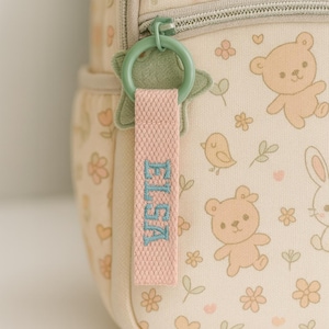 Puede incluir: Primer plano de una mochila beige con cremallera y correa rosa. La correa tiene el nombre "ELSA" bordado en azul. La mochila está decorada con osos de dibujos animados, flores y hojas.