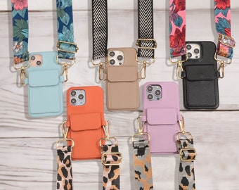 Personalized Leather Wallet iPhone 15 Pro Max,15 Pro,15 Plus Case with Long Strap, Custom Crossbody iPhone 14 Pro Max,14 Pro,13,12 Case