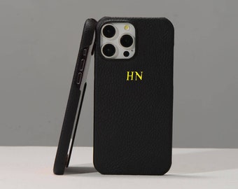 Monogram Black Pebble Vegan Leather Personalised iPhone 15 Pro Max,15 Pro,15 Plus Case, 14,13,12,11 Custom Embossed iPhone Tough Case