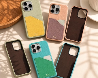 Personalized Leather iPhone 17 16 15 Pro Max Case, Custom Monogram Name Wallet Cover with Card Holder, Luxury Leather Gift for Men Women