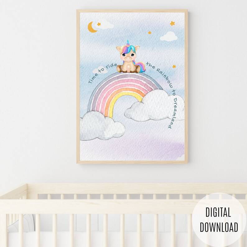 Unicorn Wall Art Print Printable Watercolor Whimsical Rainbow Etsy