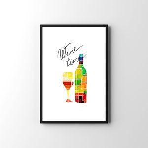 Wine Bottle Glass Wall Art Prints, Printable Abstract Wine Art Poster, Colorful Modern Artwork, DIGITAL DOWNLOAD