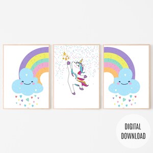 Rainbow Unicorn Printable Wall Art, Nursery Girls Bedroom Decor, Set of 3, DIGITAL DOWNLOAD